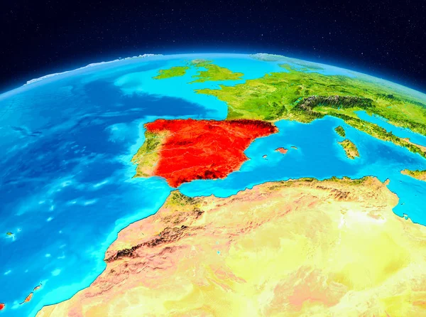 Satellite view of Spain highlighted in red on planet Earth. 3D illustration. Elements of this image furnished by NASA.
