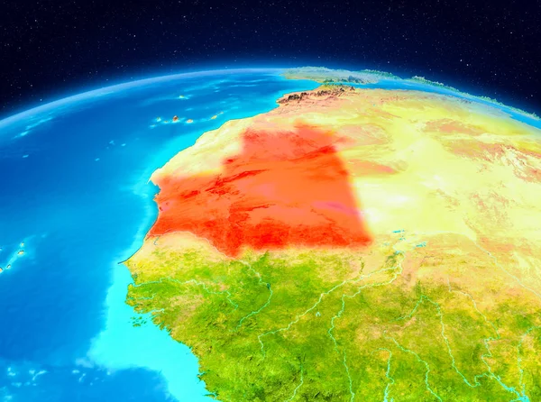 Satellite view of Mauritania highlighted in red on planet Earth. 3D illustration. Elements of this image furnished by NASA.