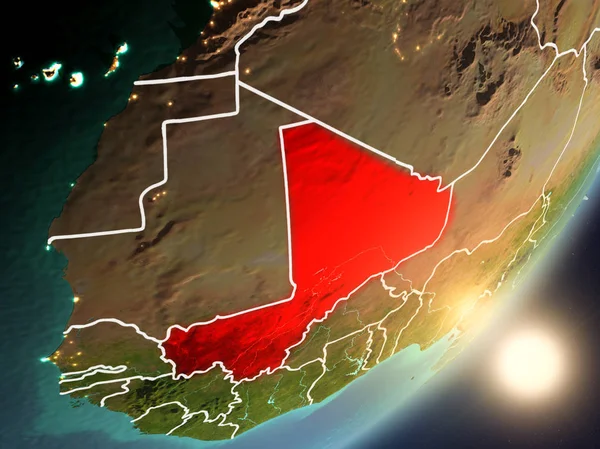 Mali son derece detaylı yüzey dokuları ve görünür ülke sınırları ile uzaydan. 3D çizim. Nasa tarafından döşenmiş bu görüntü unsurları.
