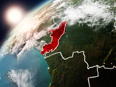 Kongo red Planet Earth bulutlar ve görünür ülke sınırları ile vurgulanmış günbatımı sırasında. 3D çizim. Nasa tarafından döşenmiş bu görüntü unsurları.