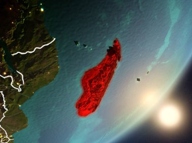 Madagaskar son derece detaylı yüzey dokuları ve görünür ülke sınırları ile uzaydan. 3D çizim. Nasa tarafından döşenmiş bu görüntü unsurları.