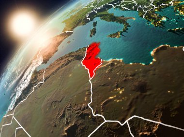 Tunus red Planet Earth bulutlar ve görünür ülke sınırları ile vurgulanmış günbatımı sırasında. 3D çizim. Nasa tarafından döşenmiş bu görüntü unsurları.