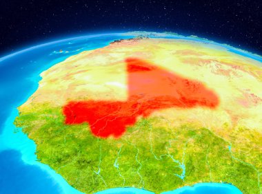 Uydu Görünümü Mali Planet Earth kırmızı vurgulanır. 3D çizim. Nasa tarafından döşenmiş bu görüntü unsurları.