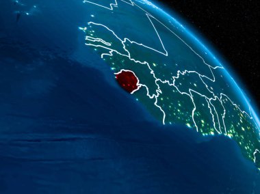 Uydu görüntüsü Sierra Leone sınır çizgileri ve şehir ışıkları ile gece Planet Earth Kırmızı vurgulanır. 3D çizim. Nasa tarafından döşenmiş bu görüntü unsurları.