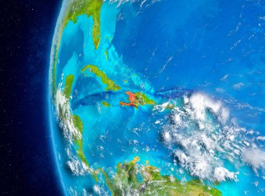 Planet Earth bulutlar ve atmosfer ile uzaydan görüldüğü gibi Haiti haritası. 3D çizim. Nasa tarafından döşenmiş bu görüntü unsurları.