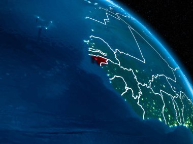 Gine-Bissau sınır çizgileri ve şehir ışıkları ile gece red Planet Earth vurgulanmış uydu görünümü. 3D çizim. Nasa tarafından döşenmiş bu görüntü unsurları.