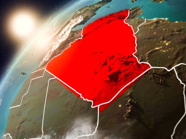 Cezayir red Planet Earth bulutlar ve görünür ülke sınırları ile vurgulanmış günbatımı sırasında. 3D çizim. Nasa tarafından döşenmiş bu görüntü unsurları.