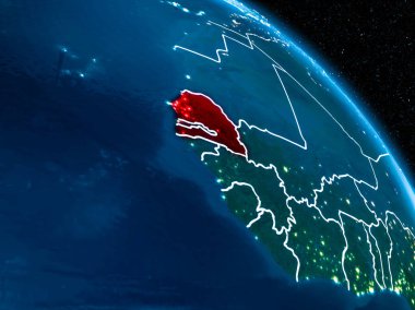 Sınır çizgileri ve şehir ışıkları ile gece red Planet Earth vurgulanmış Senegal uydu görünümü. 3D çizim. Nasa tarafından döşenmiş bu görüntü unsurları.