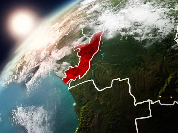 Kongo red Planet Earth bulutlar ve görünür ülke sınırları ile vurgulanmış günbatımı sırasında. 3D çizim. Nasa tarafından döşenmiş bu görüntü unsurları.