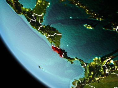 Son derece detaylı yüzey dokuları görünür kenarlık çizgileri ve şehir ışıkları ile gece Dünya gezegeninin yörüngeden Kosta Rika. 3D çizim. Nasa tarafından döşenmiş bu görüntü unsurları.