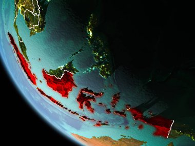 Endonezya son derece detaylı yüzey dokuları görünür kenarlık çizgileri ve şehir ışıkları ile gece Dünya gezegeninin yörüngeden. 3D çizim. Nasa tarafından döşenmiş bu görüntü unsurları.
