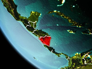 Nikaragua görünür kenarlık çizgisi ve şehir ışıkları ile son derece detaylı yüzey dokuları ile gece Dünya gezegeninin yörüngeden. 3D çizim. Nasa tarafından döşenmiş bu görüntü unsurları.