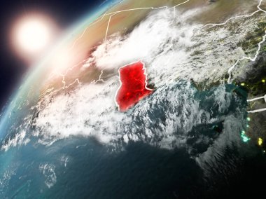 Gana red Planet Earth bulutlar ve görünür ülke sınırları ile vurgulanmış günbatımı sırasında. 3D çizim. Nasa tarafından döşenmiş bu görüntü unsurları.