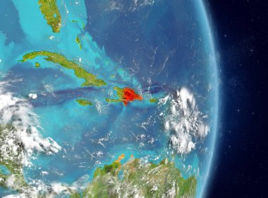 Alan görünümünü Dominik Cumhuriyeti Planet Earth atmosfer ile kırmızı vurgulanır. 3D çizim. Nasa tarafından döşenmiş bu görüntü unsurları.