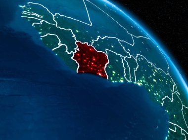 Fildişi Sahili sınır çizgileri ve şehir ışıkları ile gece red Planet Earth vurgulanmış uydu görünümü. 3D çizim. Nasa tarafından döşenmiş bu görüntü unsurları.