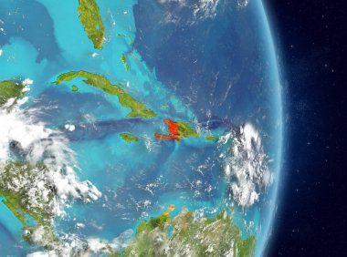 Alan görünümünü Haiti Planet Earth atmosfer ile kırmızı vurgulanır. 3D çizim. Nasa tarafından döşenmiş bu görüntü unsurları.