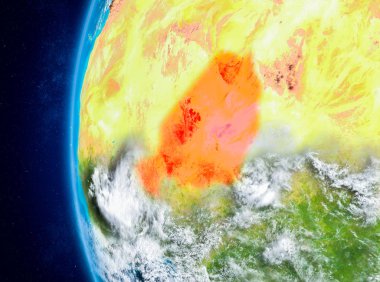 Planet Earth bulutlar ve atmosfer ile uzaydan görüldüğü gibi Nijer haritası. 3D çizim. Nasa tarafından döşenmiş bu görüntü unsurları.