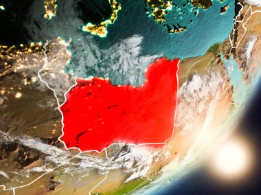 Libya son derece detaylı yüzey dokuları ve görünür ülke sınırları ile uzaydan. 3D çizim. Nasa tarafından döşenmiş bu görüntü unsurları.