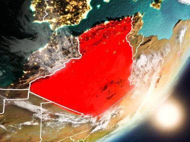 Cezayir son derece detaylı yüzey dokuları ve görünür ülke sınırları ile uzaydan. 3D çizim. Nasa tarafından döşenmiş bu görüntü unsurları.