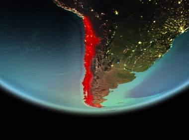 Şili'den son derece detaylı yüzey dokuları ile gece Dünya gezegeninin yörüngesinde. 3D çizim. Nasa tarafından döşenmiş bu görüntü unsurları.