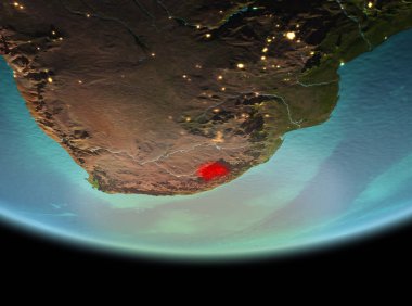 Lesotho Dünya gezegeninin son derece detaylı yüzey dokuları ile gece yörüngeden. 3D çizim. Nasa tarafından döşenmiş bu görüntü unsurları.