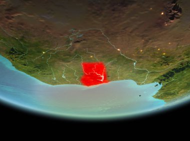 Gana son derece detaylı yüzey dokuları ile gece Dünya gezegeninin yörüngeden. 3D çizim. Nasa tarafından döşenmiş bu görüntü unsurları.