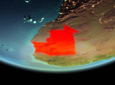 Moritanya son derece detaylı yüzey dokuları ile gece Dünya gezegeninin yörüngeden. 3D çizim. Nasa tarafından döşenmiş bu görüntü unsurları.