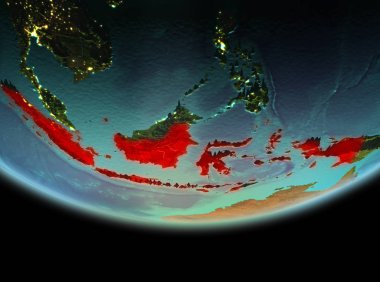 Endonezya son derece detaylı yüzey dokuları ile gece Dünya gezegeninin yörüngeden. 3D çizim. Nasa tarafından döşenmiş bu görüntü unsurları.