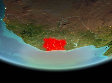 Son derece detaylı yüzey dokuları ile gece Dünya gezegeninin yörüngeden Fildişi Sahili. 3D çizim. Nasa tarafından döşenmiş bu görüntü unsurları.