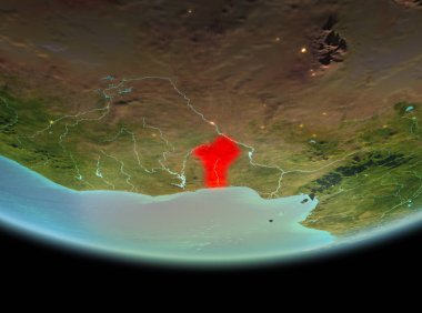 Benin son derece detaylı yüzey dokuları ile gece Dünya gezegeninin yörüngeden. 3D çizim. Nasa tarafından döşenmiş bu görüntü unsurları.