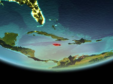 Son derece detaylı yüzey dokuları ile gece Dünya gezegeninin yörüngesine Jamaika'dan. 3D çizim. Nasa tarafından döşenmiş bu görüntü unsurları.