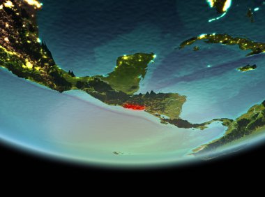 El Salvador son derece detaylı yüzey dokuları ile gece Dünya gezegeninin yörüngeden. 3D çizim. Nasa tarafından döşenmiş bu görüntü unsurları.