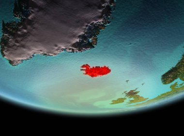 İzlanda'dan son derece detaylı yüzey dokuları ile gece Dünya gezegeninin yörüngesinde. 3D çizim. Nasa tarafından döşenmiş bu görüntü unsurları.
