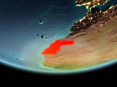 Batı Sahra son derece detaylı yüzey dokuları ile gece Dünya gezegeninin yörüngeden. 3D çizim. Nasa tarafından döşenmiş bu görüntü unsurları.
