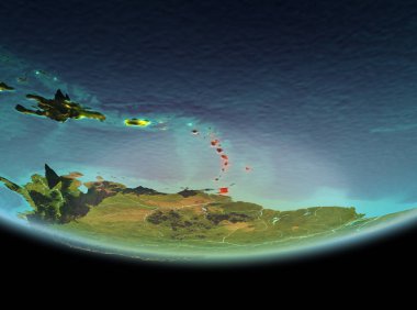 Karayipler çok detaylı yüzey dokuları ile gece Dünya gezegeninin yörüngeden. 3D çizim. Nasa tarafından döşenmiş bu görüntü unsurları.