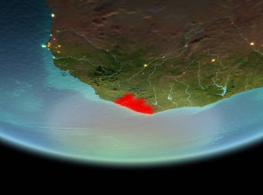 Liberya son derece detaylı yüzey dokuları ile gece Dünya gezegeninin yörüngeden. 3D çizim. Nasa tarafından döşenmiş bu görüntü unsurları.