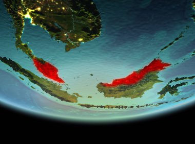 Malezya son derece detaylı yüzey dokuları ile gece Dünya gezegeninin yörüngeden. 3D çizim. Nasa tarafından döşenmiş bu görüntü unsurları.