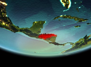 Honduras son derece detaylı yüzey dokuları ile gece Dünya gezegeninin yörüngeden. 3D çizim. Nasa tarafından döşenmiş bu görüntü unsurları.
