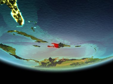 Son derece detaylı yüzey dokuları ile gece Dünya gezegeninin yörüngesine Haiti'den. 3D çizim. Nasa tarafından döşenmiş bu görüntü unsurları.