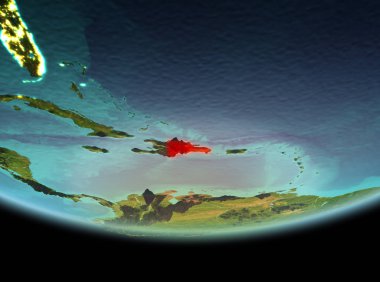 Dominik Cumhuriyeti son derece detaylı yüzey dokuları ile gece Dünya gezegeninin yörüngeden. 3D çizim. Nasa tarafından döşenmiş bu görüntü unsurları.