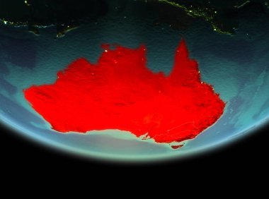 Son derece detaylı yüzey dokuları ile gece Dünya gezegeninin yörüngesine Avustralya'dan. 3D çizim. Nasa tarafından döşenmiş bu görüntü unsurları.