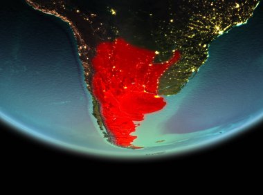 Arjantin son derece detaylı yüzey dokuları ile gece Dünya gezegeninin yörüngeden. 3D çizim. Nasa tarafından döşenmiş bu görüntü unsurları.