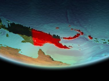 Papua Yeni Gine gezegenin Dünya'ya son derece detaylı yüzey dokuları ile gece yörüngeden. 3D çizim. Nasa tarafından döşenmiş bu görüntü unsurları.