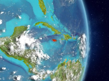 Jamaika red Planet Earth atmosfer ile vurgulanmış alanı görünümü. 3D çizim. Nasa tarafından döşenmiş bu görüntü unsurları.