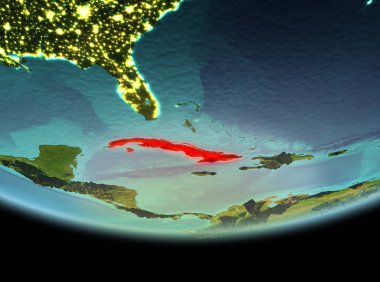 Küba'dan son derece detaylı yüzey dokuları ile gece Dünya gezegeninin yörüngesinde. 3D çizim. Nasa tarafından döşenmiş bu görüntü unsurları.