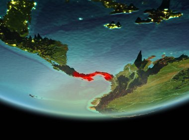 Panama çok detaylı yüzey dokuları ile gece Dünya gezegeninin yörüngeden. 3D çizim. Nasa tarafından döşenmiş bu görüntü unsurları.