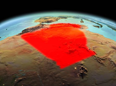 Sabah modeli gezegeninin uzaydaki bir kırmızı vurgulanır Cezayir yukarıda. 3D çizim. Nasa tarafından döşenmiş bu görüntü unsurları.