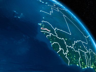 Sınır çizgileri ve şehir ışıkları ile gece red Planet Earth vurgulanmış Gambiya uydu görünümü. 3D çizim. Nasa tarafından döşenmiş bu görüntü unsurları.