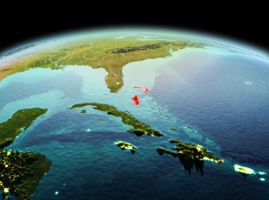 Sabah modeli gezegeninin uzaydaki bir kırmızı vurgulanır Bahamalar yukarıda. 3D çizim. Nasa tarafından döşenmiş bu görüntü unsurları.