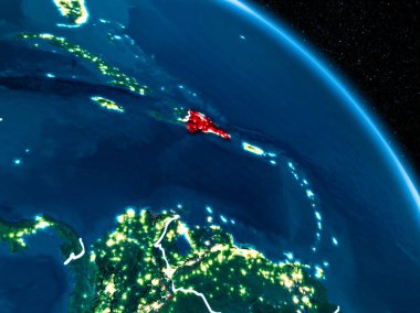 Sınır çizgileri ve şehir ışıkları ile gece red Planet Earth vurgulanmış Dominik Cumhuriyeti uydu görüntüsü. 3D çizim. Nasa tarafından döşenmiş bu görüntü unsurları.